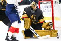 Golden Knights goaltender Marc-Andre Fleury (29) stops the puck from the Florida Panthers durin ...