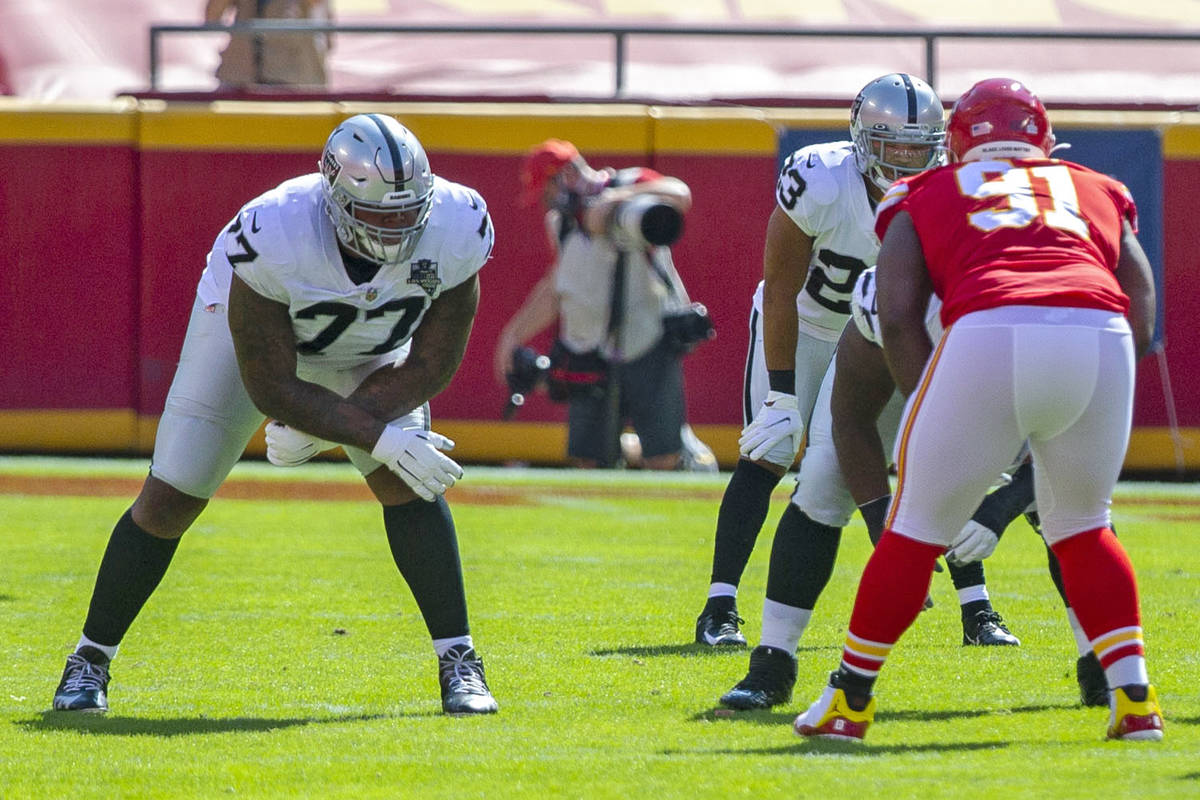 Las Vegas Raiders offensive tackle Trent Brown (77) lines up to block against Kansas City Chief ...
