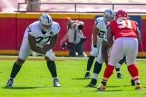 Las Vegas Raiders offensive tackle Trent Brown (77) lines up to block against Kansas City Chief ...