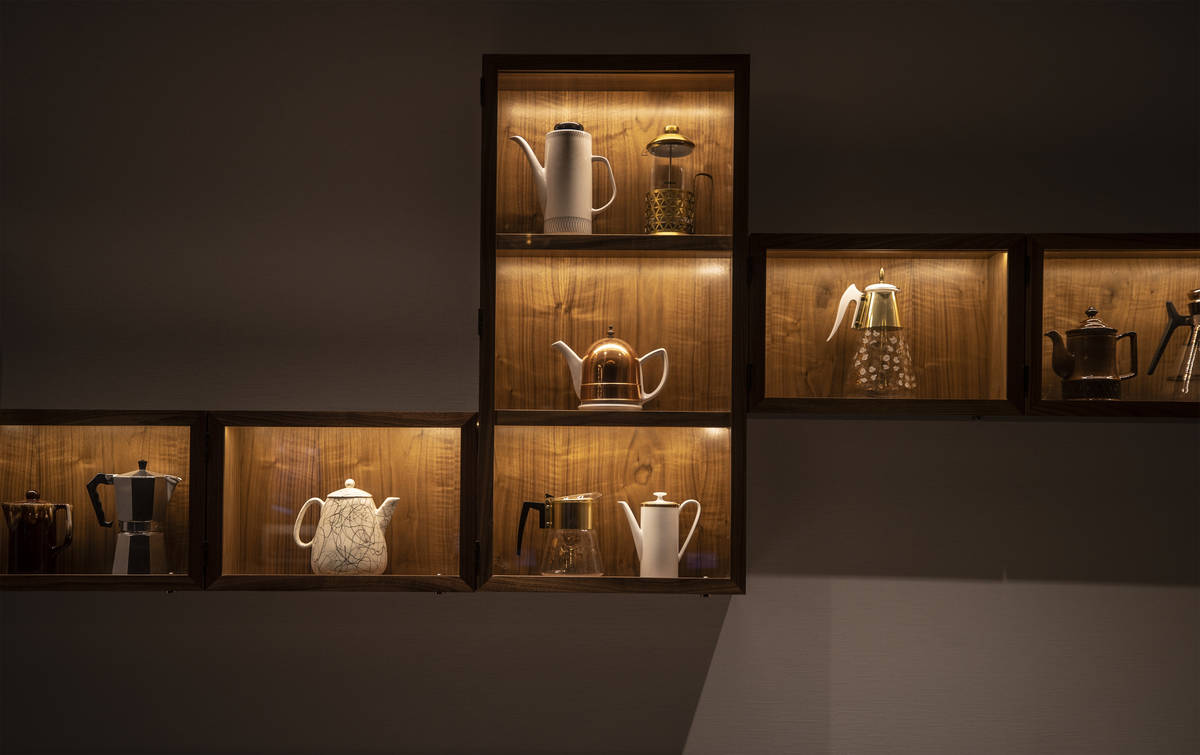 Decorative coffee pots and presses are framed at Circa on Monday, Oct. 19, 2020, in Las Vegas. ...