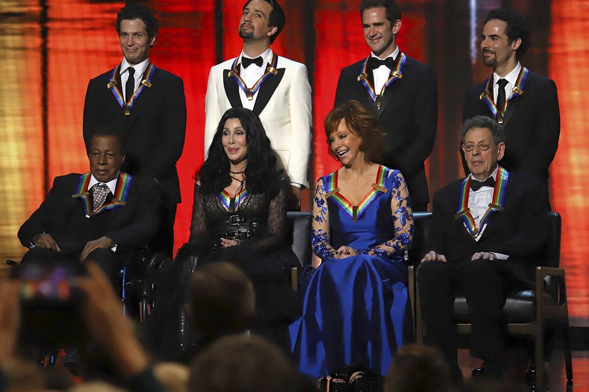 2018 Kennedy Center honorees, front row from left, Wayne Shorter, Cher, Reba McEntire and Phili ...
