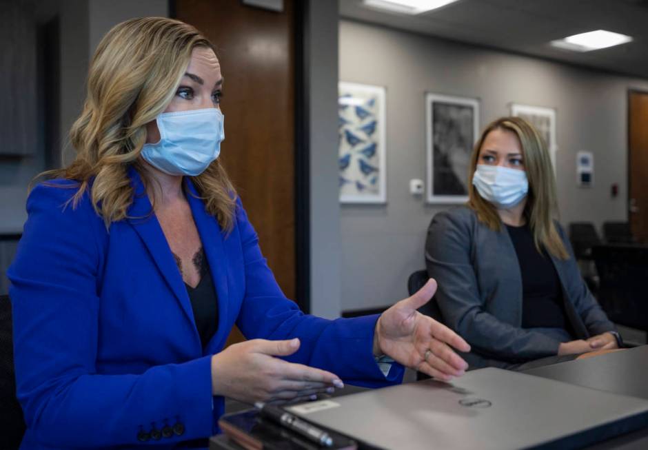 Assistant Federal Public Defenders Maggie Lambrose, left, and Erin Gettel are interviewed on Fr ...