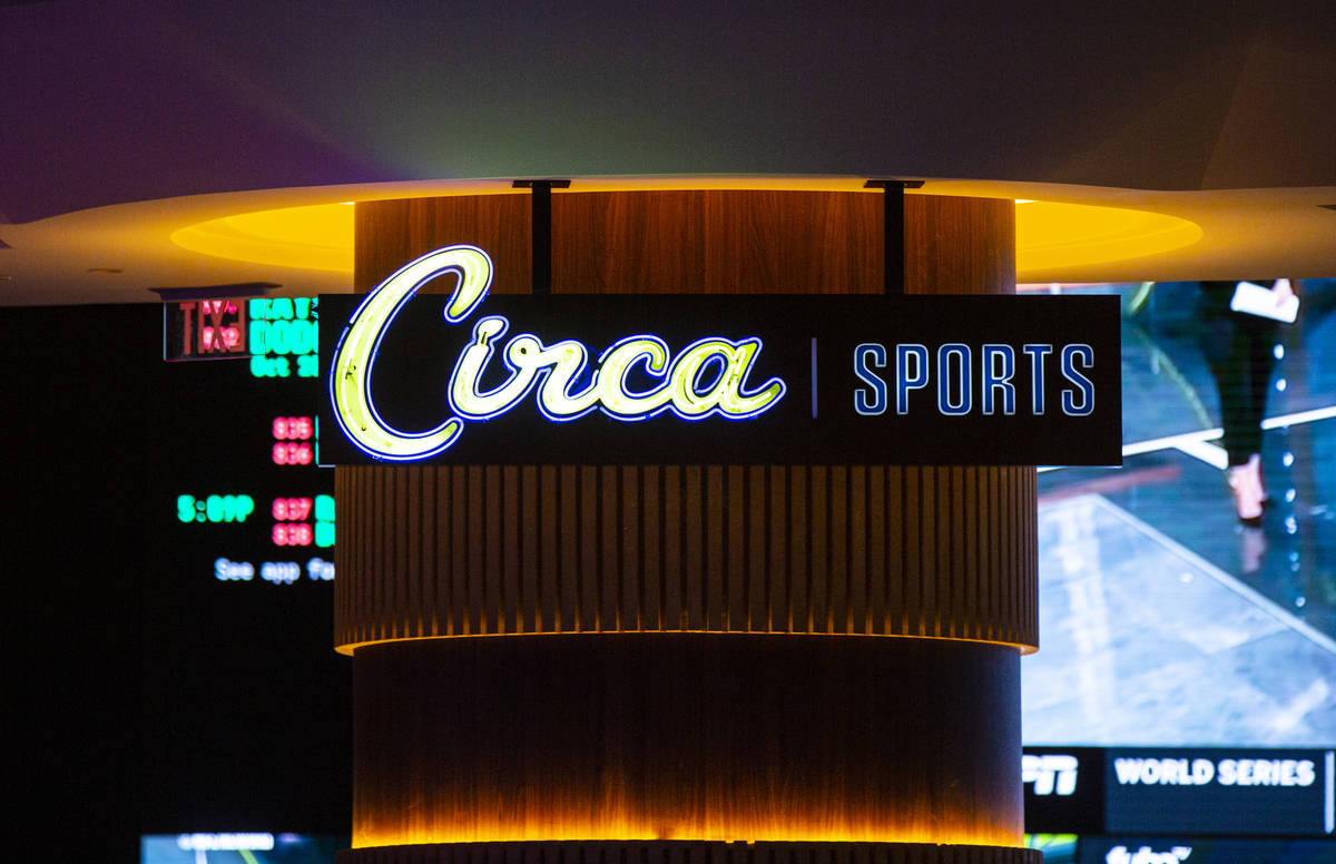 Signage for the Circa Sportsbook is seen during a tour of Circa, the first from-the-ground-up c ...