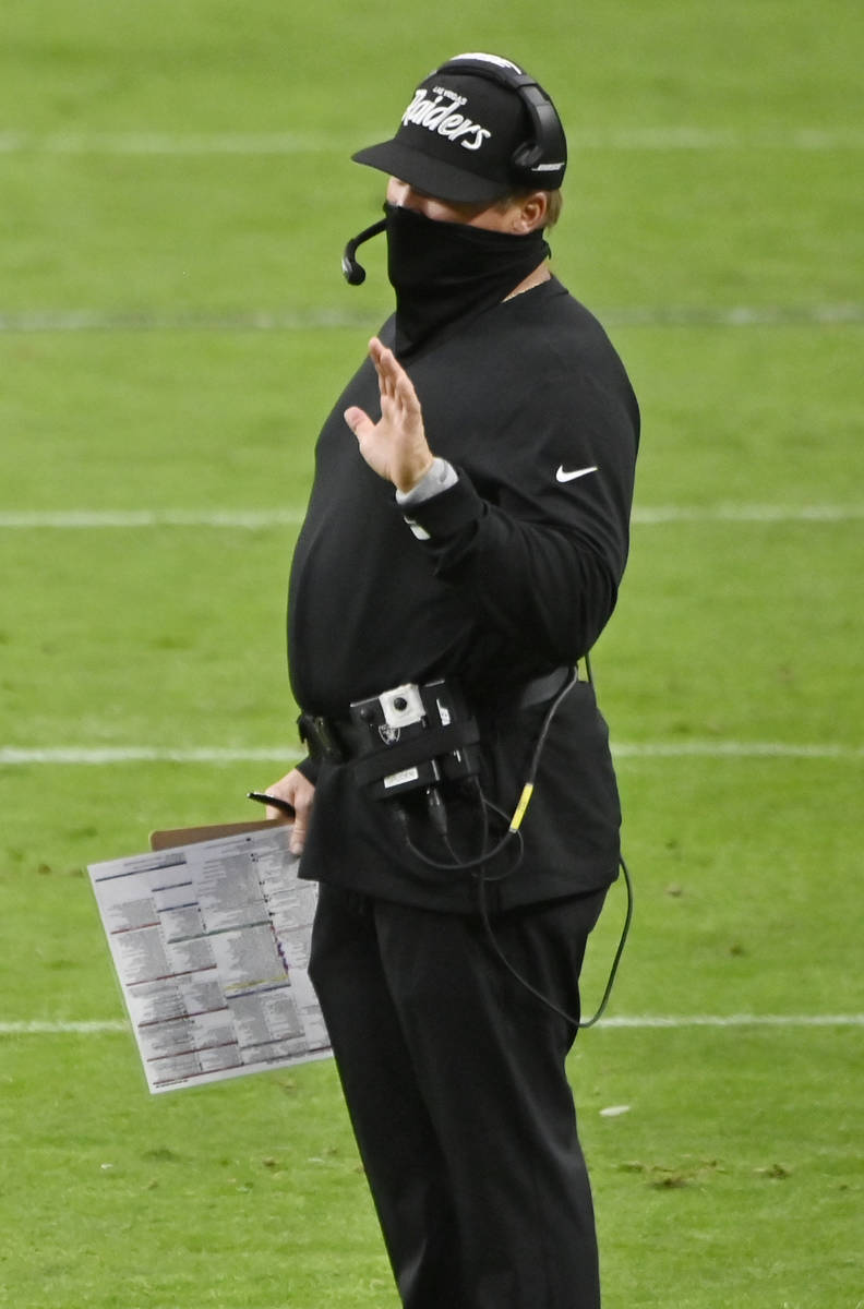 Las Vegas Raiders head coach Jon Gruden reacts during the second half of an NFL football game a ...