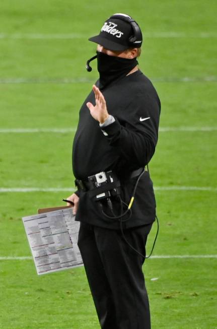 Las Vegas Raiders head coach Jon Gruden reacts during the second half of an NFL football game a ...