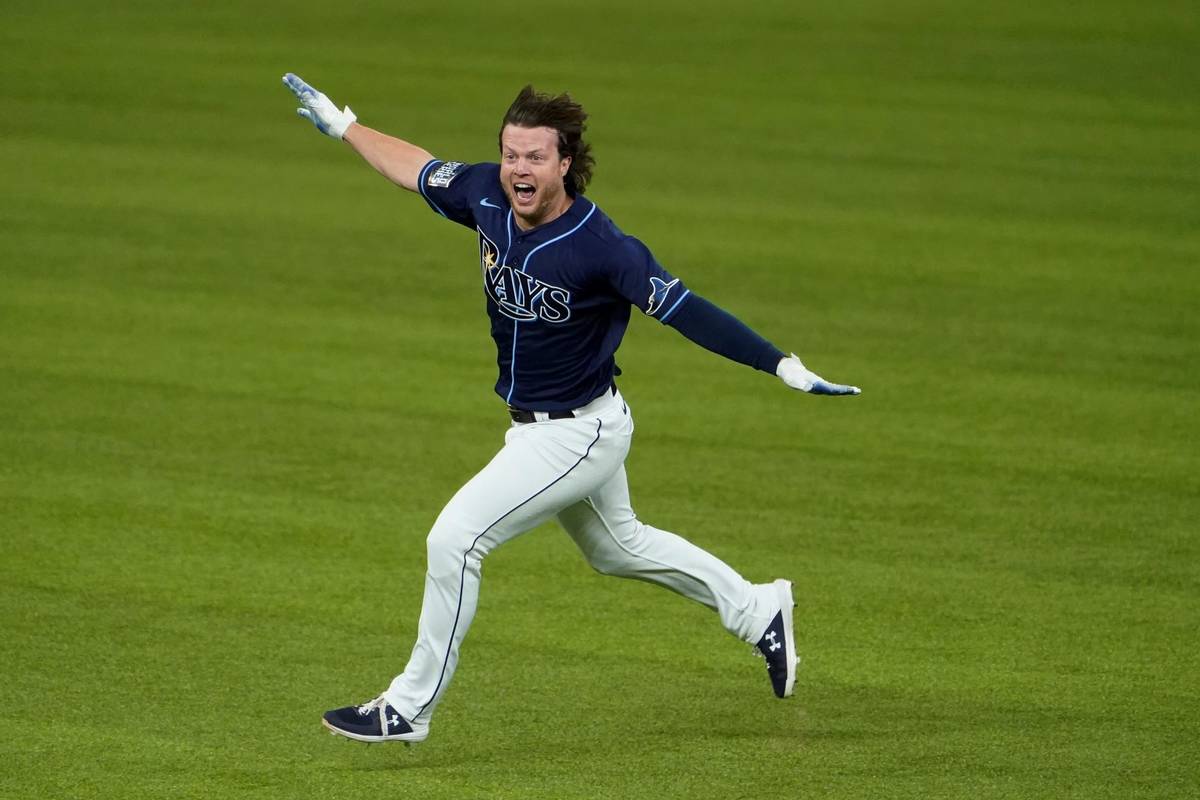 Tampa Bay Rays' Brett Phillips (14) celebrates the game winning hit against the Los Angeles Dod ...