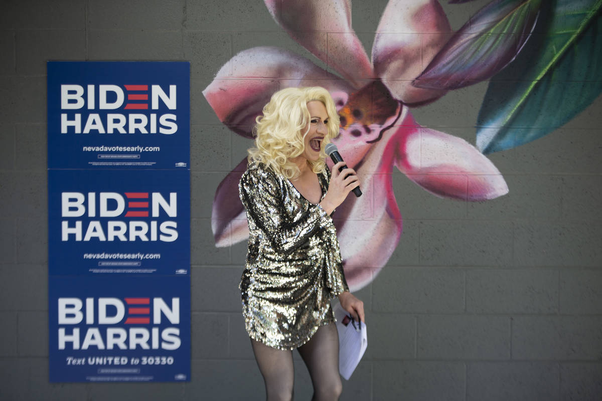 Eddie Edwards introduces Cher at an LGBTQ-focused campaign event for Joe Biden and Kamala Harri ...