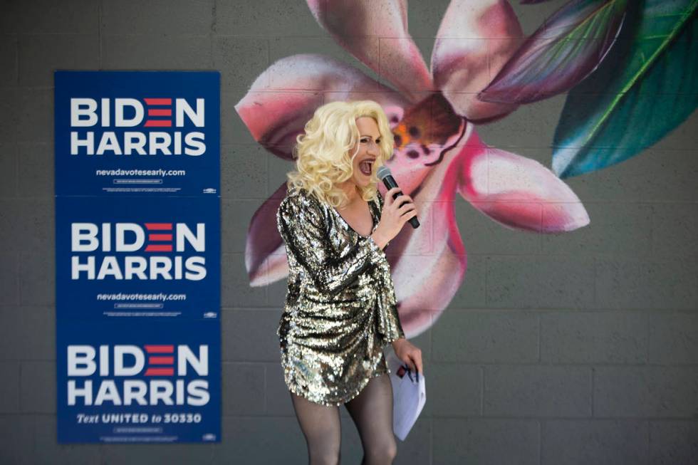 Eddie Edwards introduces Cher at an LGBTQ-focused campaign event for Joe Biden and Kamala Harri ...