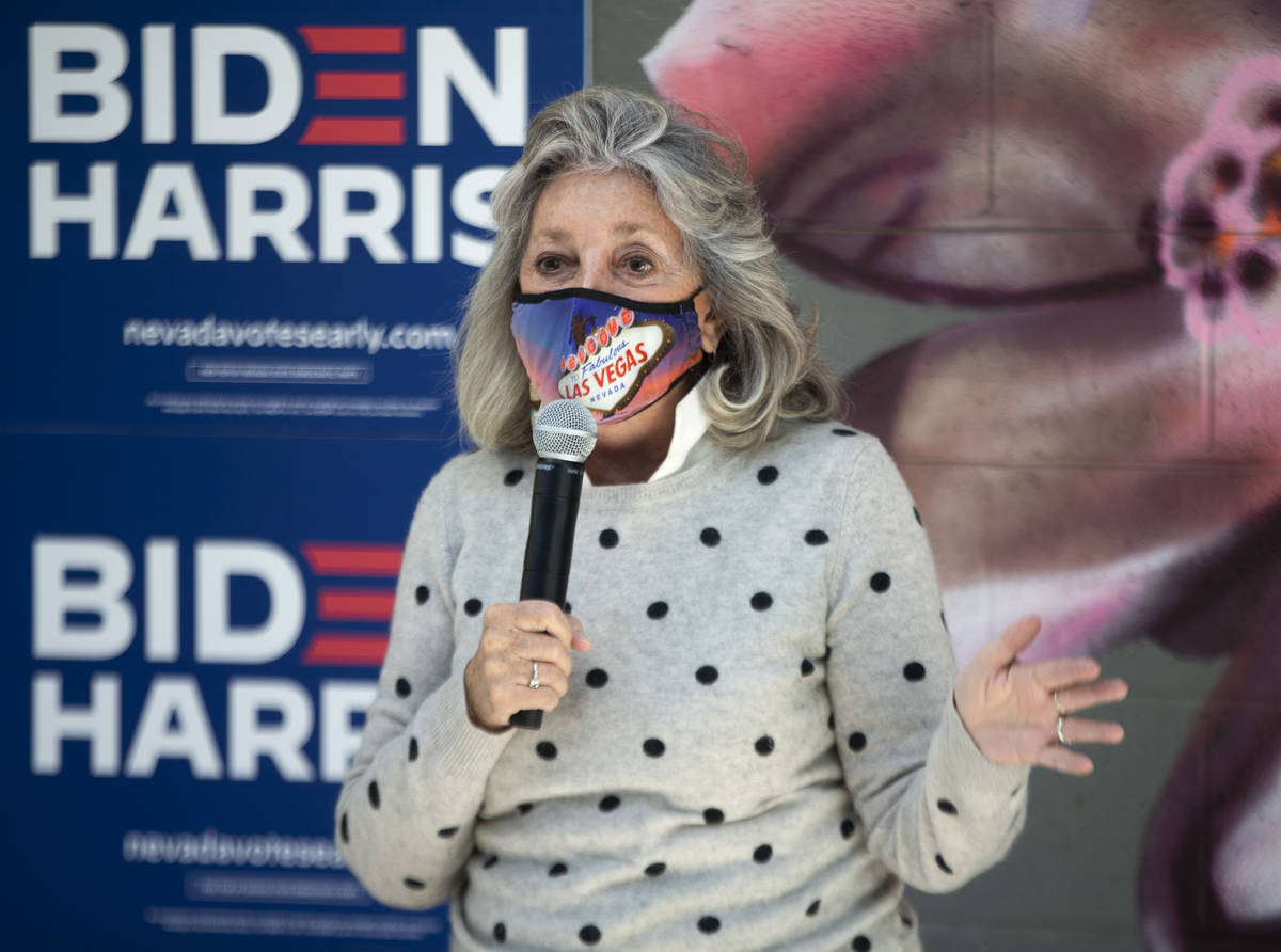 U.S. Rep. Dina Titus, D-Nev., speaks at an LGBTQ-focused campaign event for Joe Biden and Kamal ...