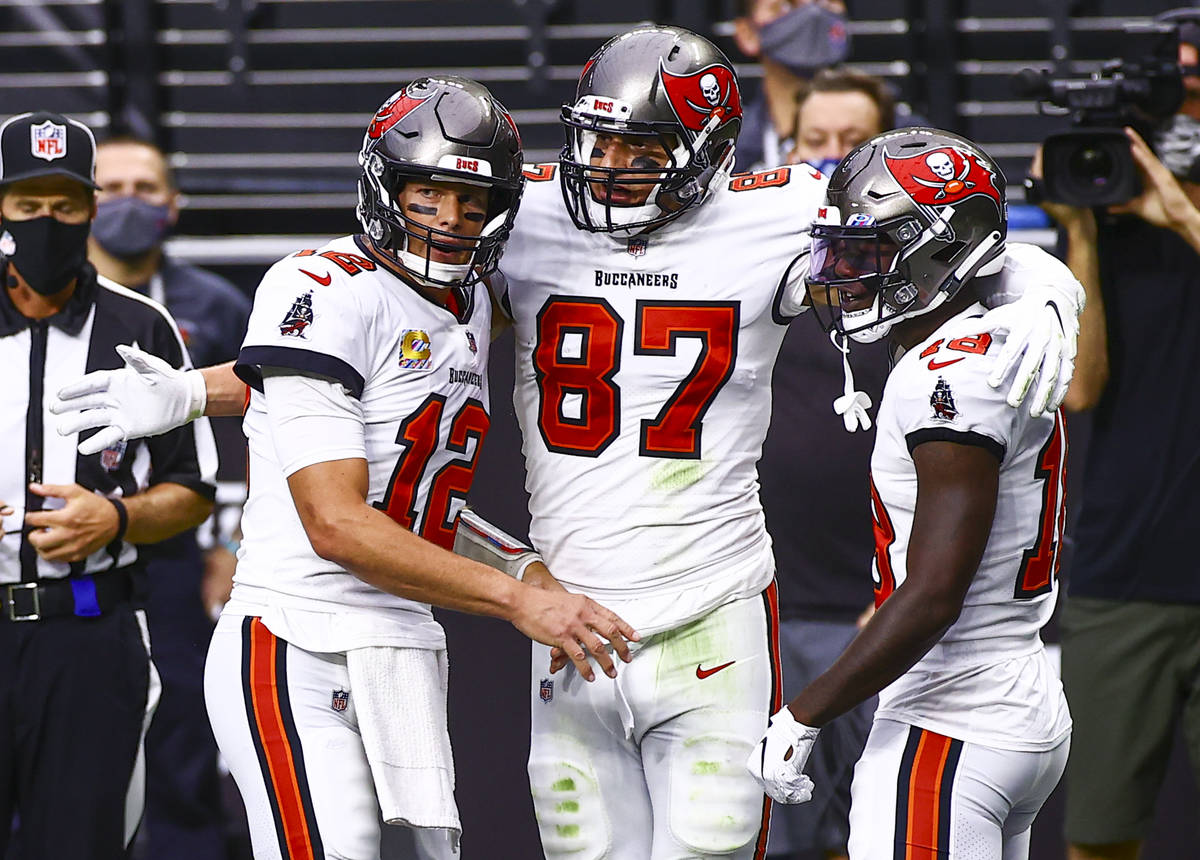 Tampa Bay Buccaneers tight end Rob Gronkowski (87) celebrates his touchdown against the Las Veg ...