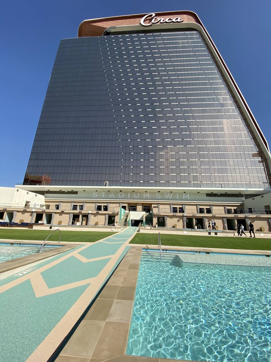 A view of Circa's hotel tower from Stadium Swim on Monday, Oct. 19, 2020. (John Katsilometes/La ...