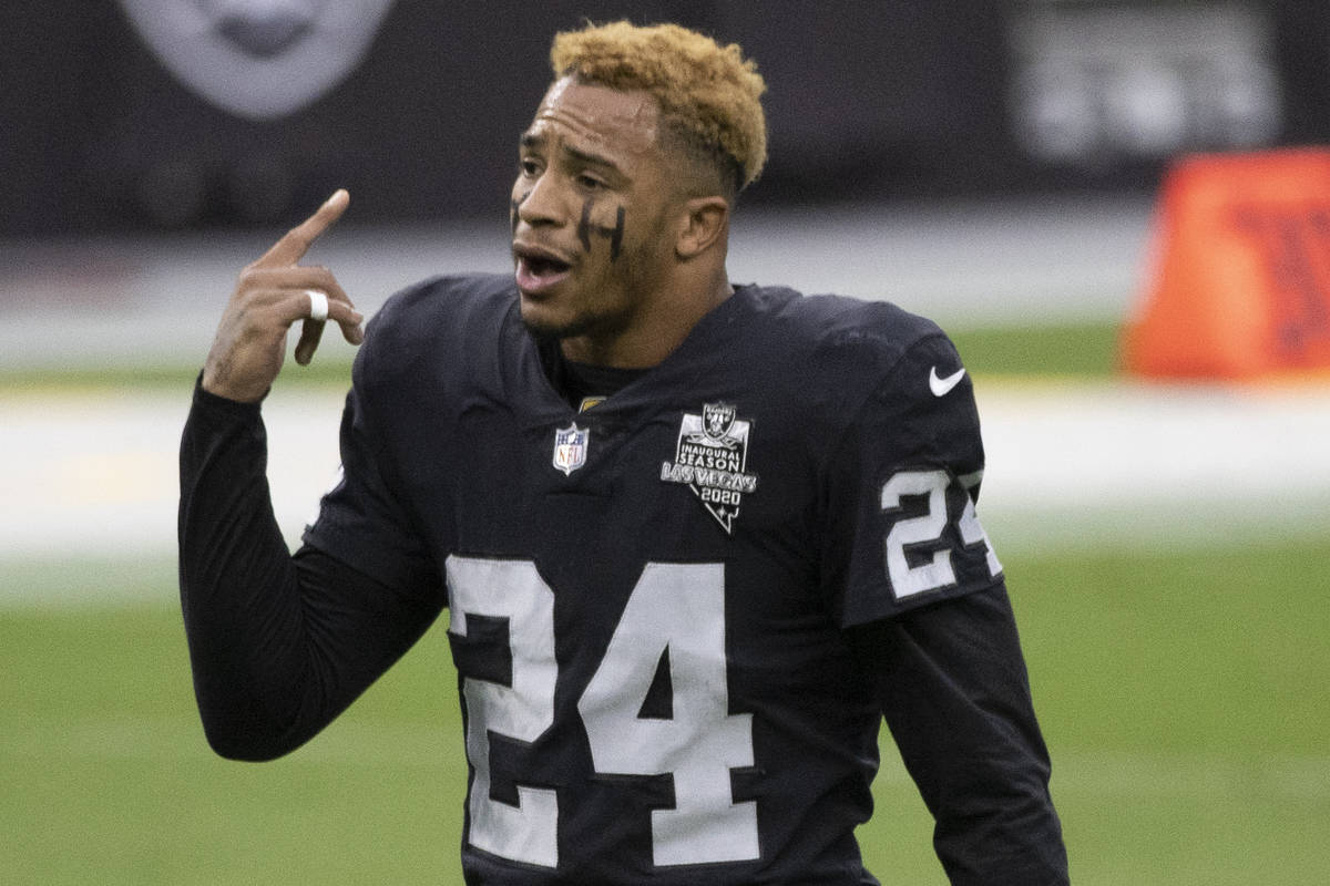 Las Vegas Raiders strong safety Johnathan Abram (24) pumps up the defense during warms up befor ...