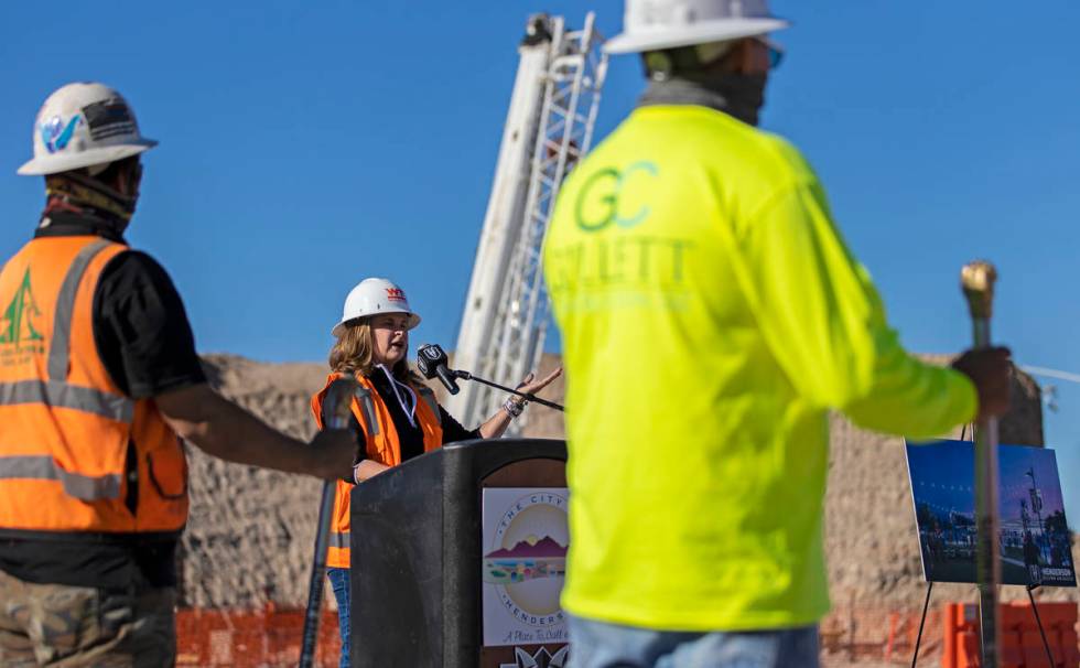 Henderson Mayor Debra March speaks during a construction event hosted by the Henderson Silver K ...