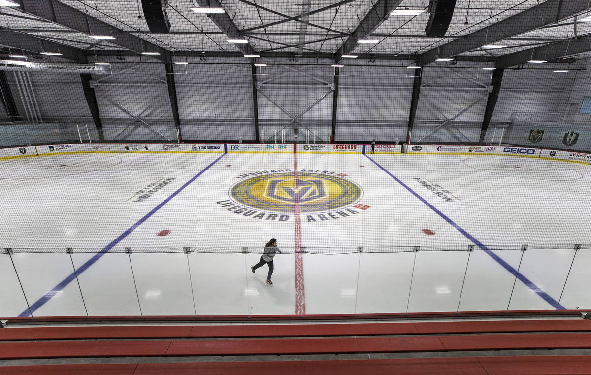A skater crosses center ice of rink number two at the Golden Knights' Lifeguard Arena on Monday ...