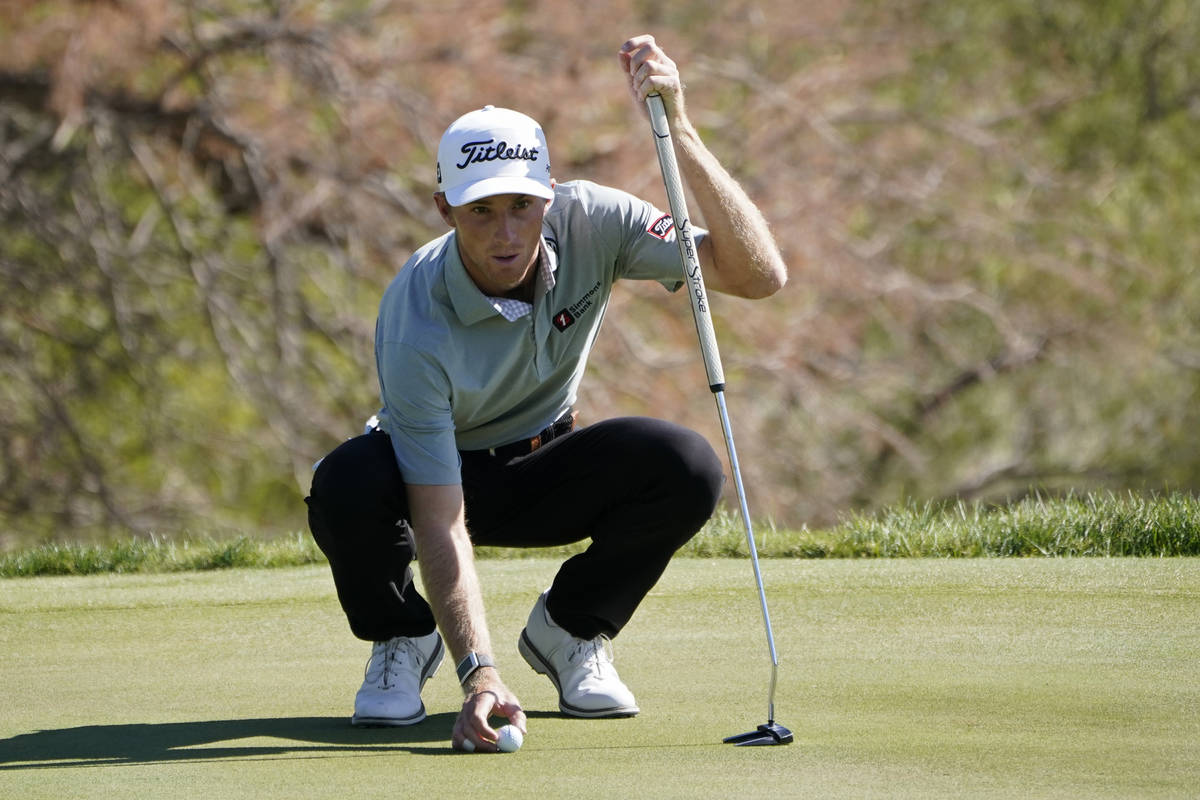 Will Zalatoris lines up a putt on the eighth green during the final round of Shriners Hospitals ...