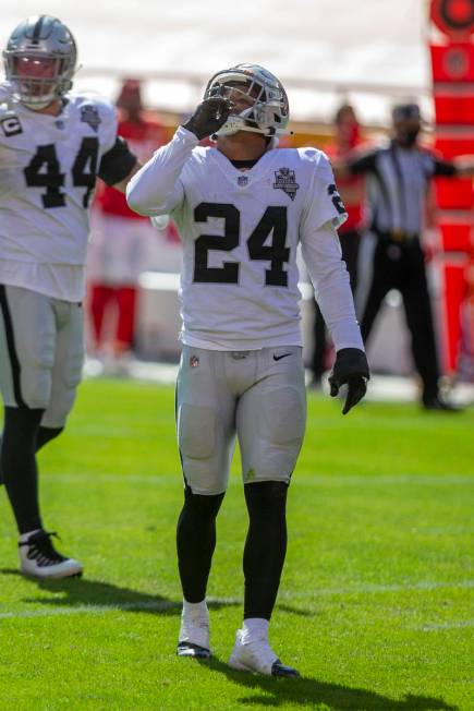 Las Vegas Raiders strong safety Johnathan Abram (24) gestures to hush the crowd during the 2nd ...
