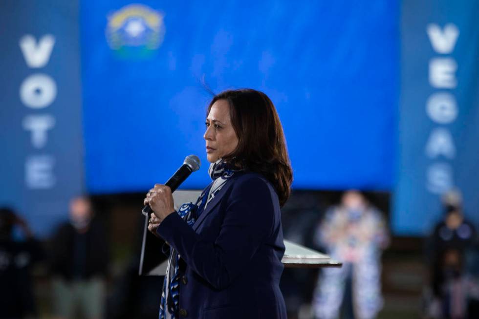 Vice presidential candidate Sen. Kamala Harris takes a serious tone for a moment while campaign ...