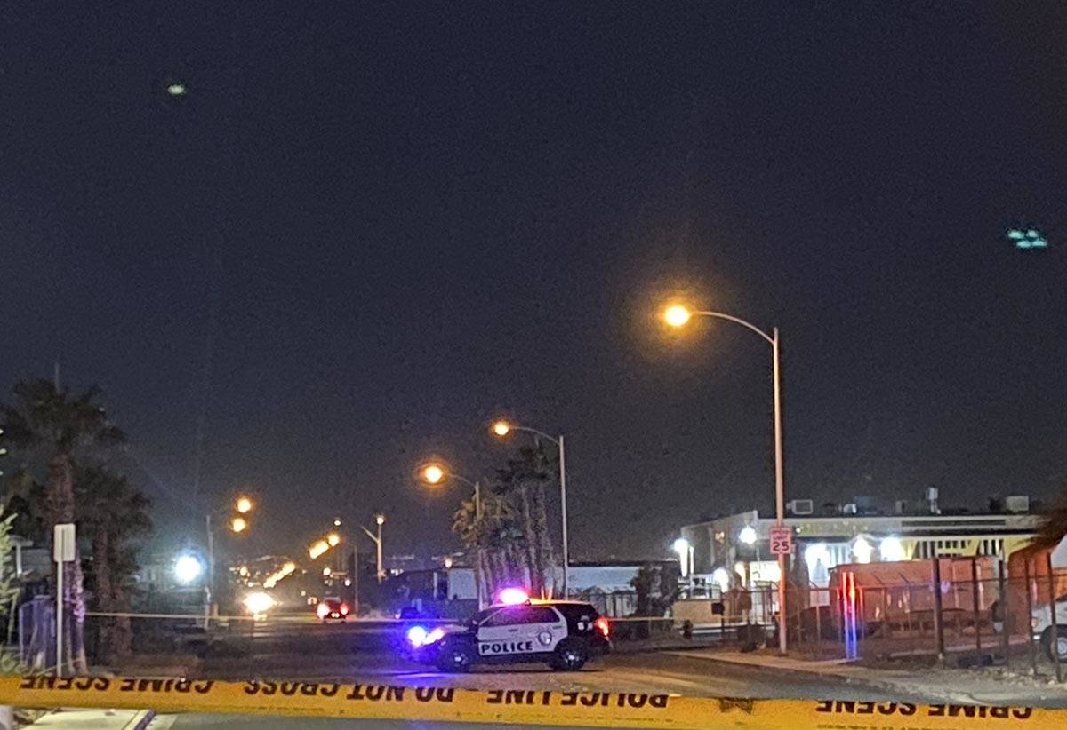 Las Vegas police investigate a homicide on the 2000 block of North Nellis Boulevard near Lake M ...