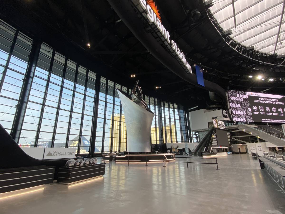 The Coors Light Landing space inside Allegiant Stadium which includes the 93-foot-tall Al Davis ...