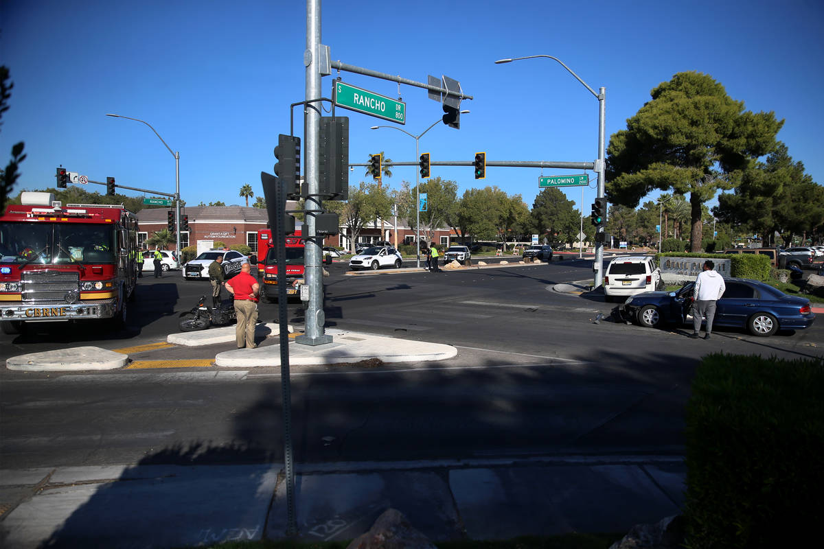 The scene of a car crash involving two Las Vegas City Marshals motorcycles at the intersection ...