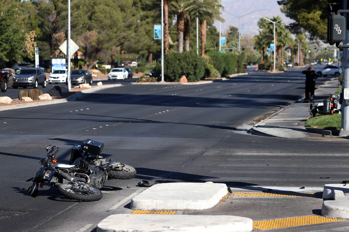 The scene of a car crash at the intersection of Rancho Drive and Palomino Lane in Las Vegas, We ...