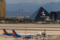 Las Vegas-based Allegiant Air airplanes are sitting on the tarmac at McCarran International Air ...