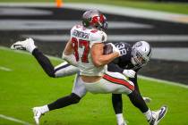 Tampa Bay Buccaneers tight end Rob Gronkowski (87) makes a catch as Las Vegas Raiders strong sa ...