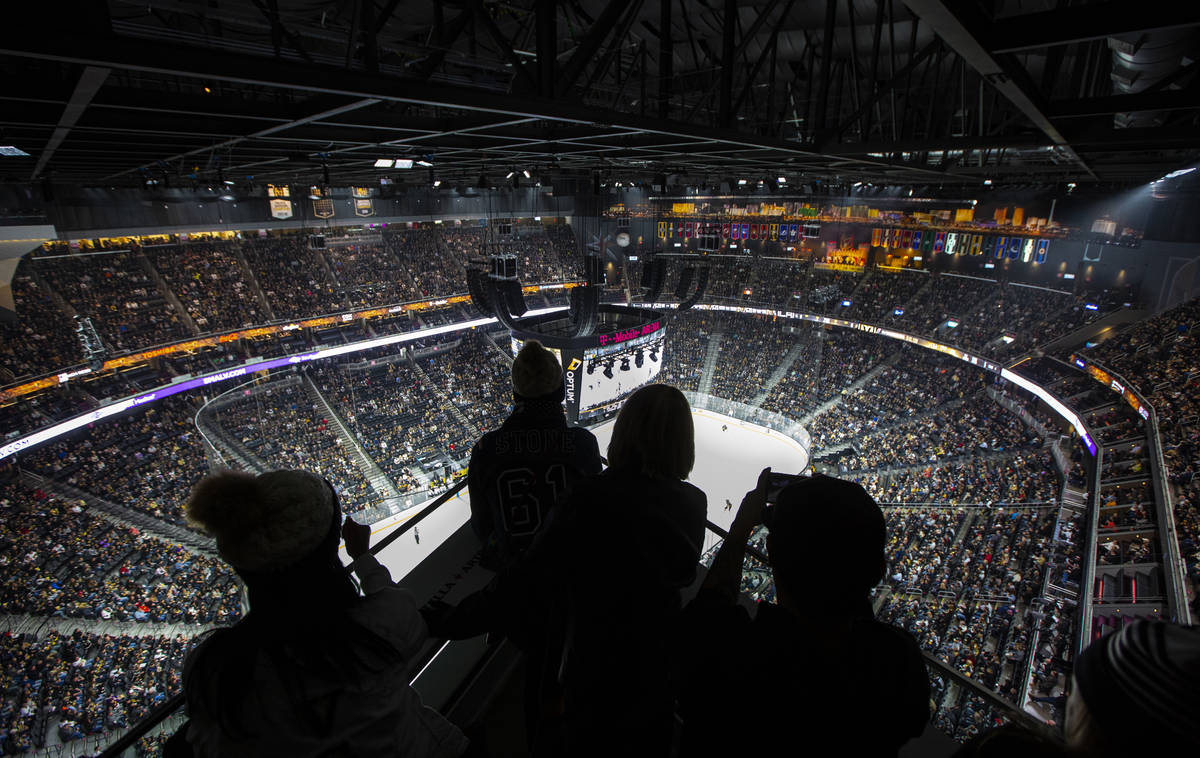 Golden Knights fans watch the action from the Hyde Lounge space at T-Mobile Arena during an NHL ...