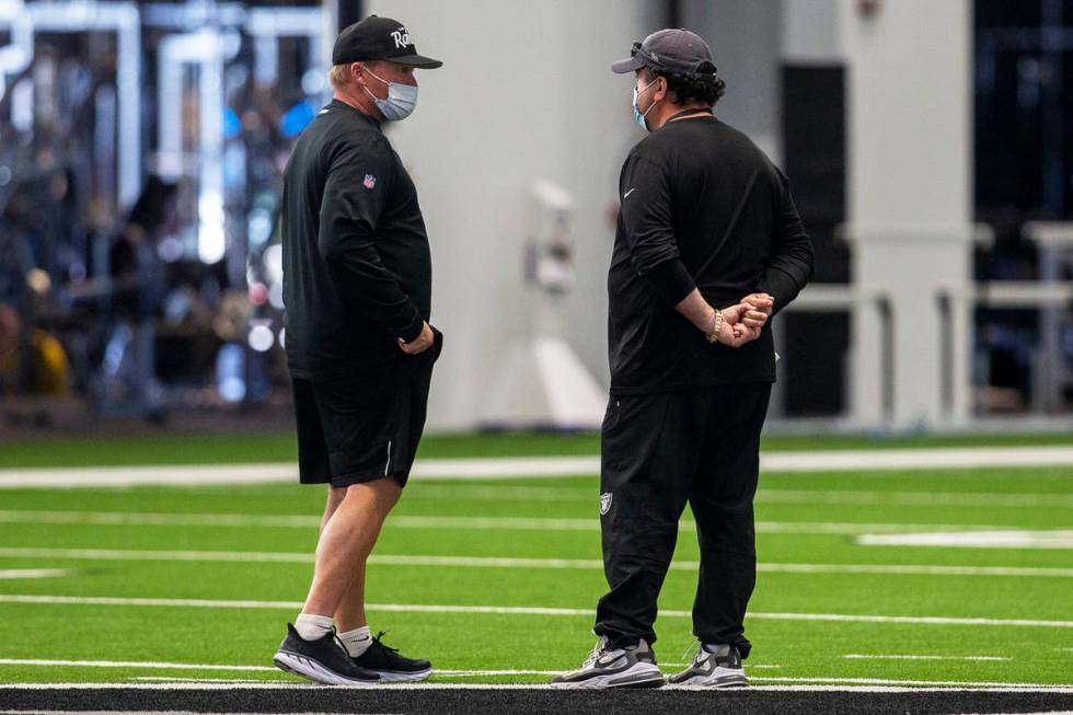 Las Vegas Raiders head coach Jon Gruden, left, and defensive coordinator Paul Guenther meet dur ...