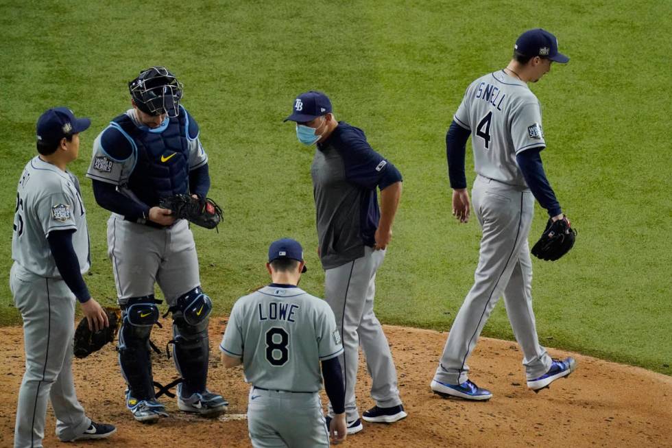 Tampa Bay Rays starting pitcher Blake Snell leaves the game against the Los Angeles Dodgers dur ...