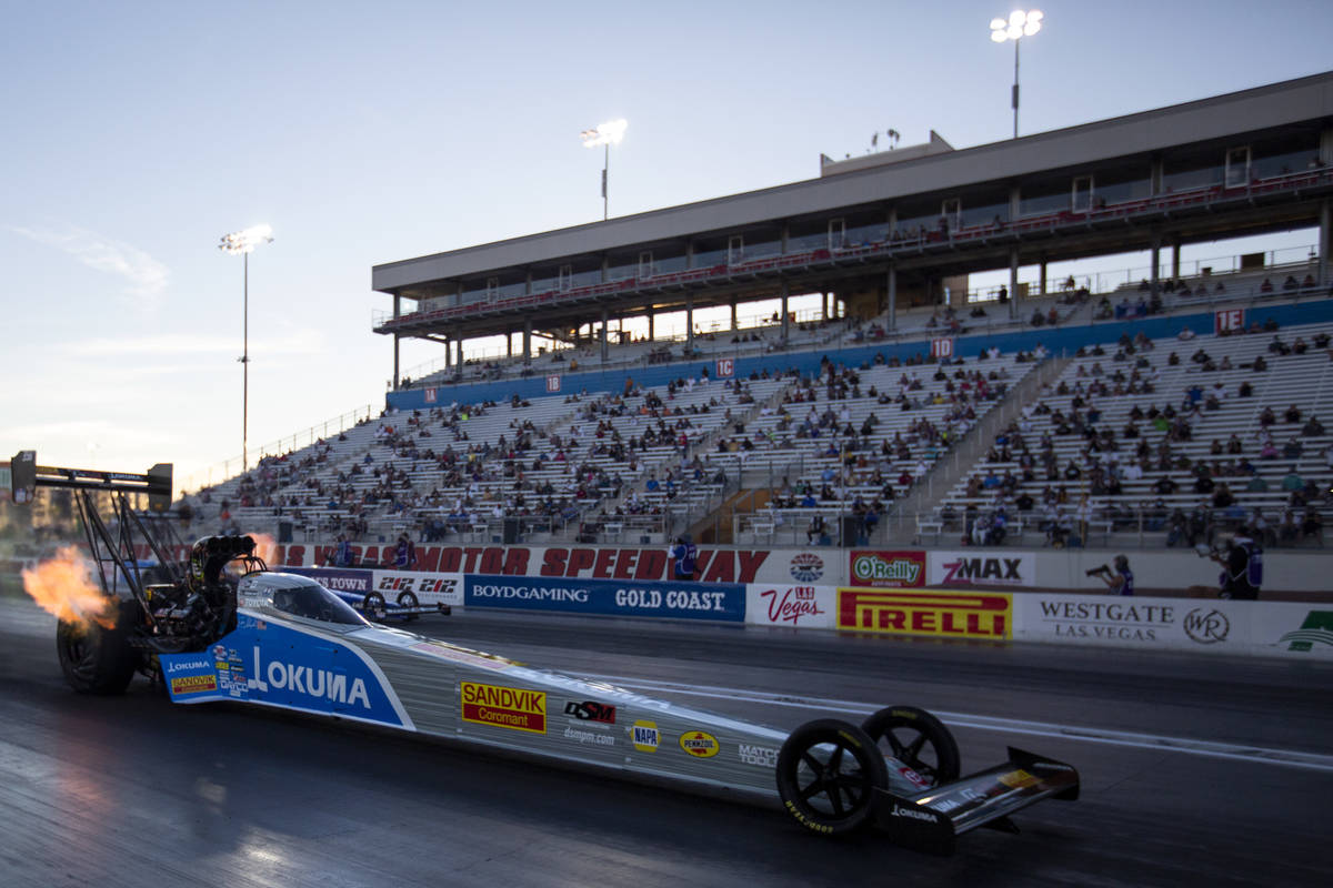 Tony Schumacher competes in a qualifying round of the Dodge NHRA Finals at Las Vegas Motor Spee ...