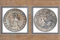 A framed photograph showing the front and back of rare coin collector Bruce Morelan's 1794 silv ...