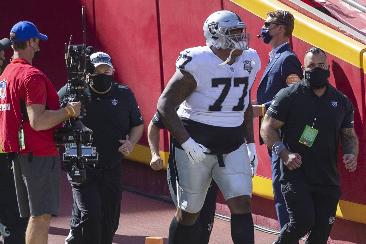 Las Vegas Raiders offensive tackle Trent Brown (77) takes the field before an NFL football game ...