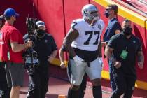 Las Vegas Raiders offensive tackle Trent Brown (77) takes the field before an NFL football game ...