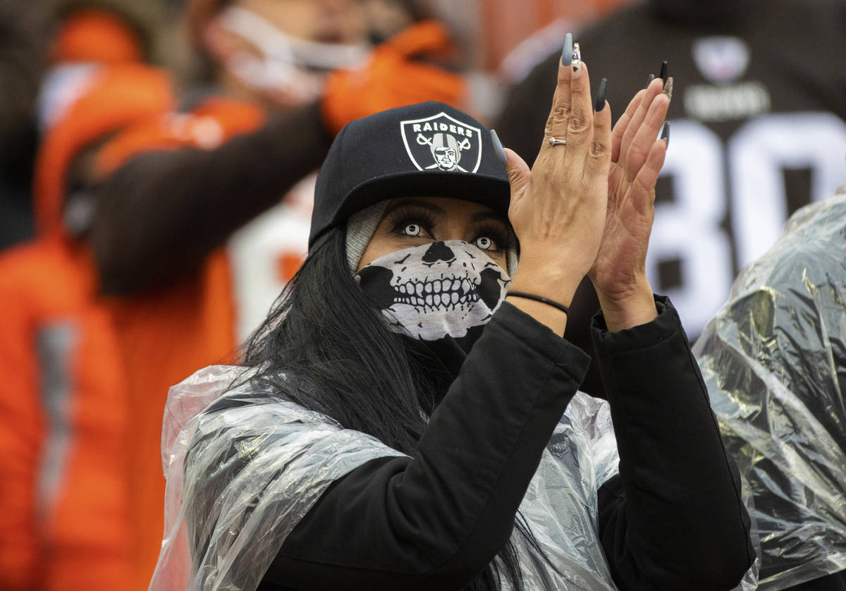 Las Vegas Raiders fans at FirstEnergy Stadium during an NFL football game against the Clevelan ...