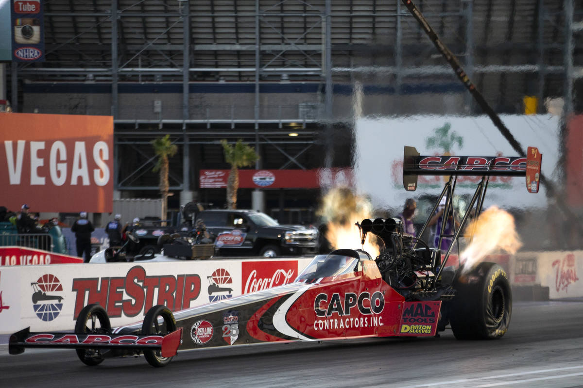 Top Fuel driver Steve Torrence races in the Dodge NHRA Finals at Las Vegas Motor Speedway on Su ...