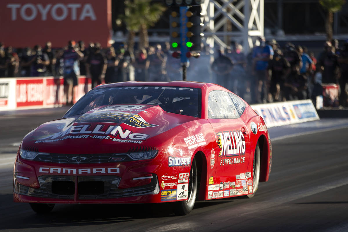 Pro Stock driver Erica Enders races during the Dodge NHRA Finals at Las Vegas Motor Speedway on ...