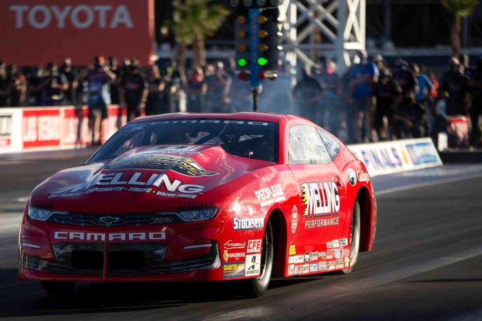 Pro Stock driver Erica Enders races during the Dodge NHRA Finals at Las Vegas Motor Speedway on ...