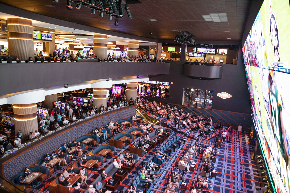 Spectators watch NFL Sunday at the new sportsbook at Circa in Las Vegas, Sunday, Nov. 1, 2020. ...
