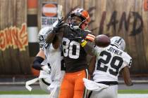 Cleveland Browns wide receiver Jarvis Landry (80) drops a pass with Las Vegas Raiders free safe ...
