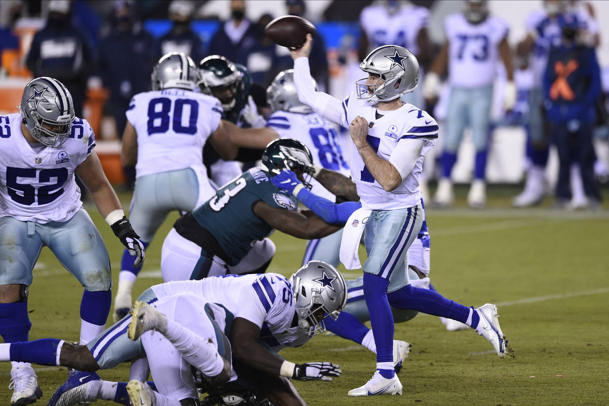 Dallas Cowboys' Ben DiNucci plays during the second half of an NFL football game against the Ph ...