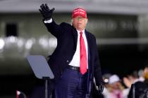 President Donald Trump waves after speaking at a campaign rally on Sunday, Nov. 1, 2020, at Hic ...