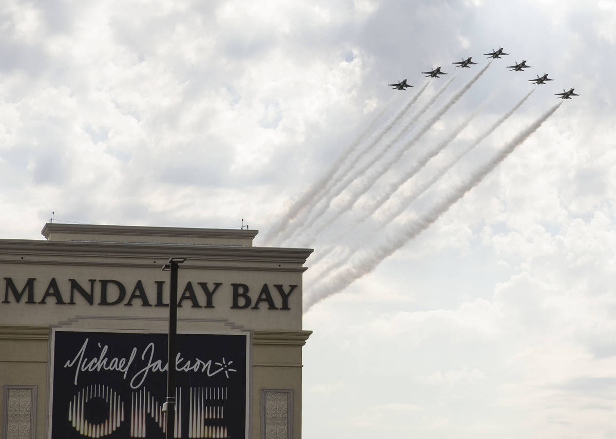 The Thunderbirds fly over the Mandalay Bay on Monday, on Monday, Nov. 2, 2020, in Las Vegas. On ...