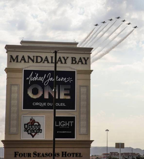 The Thunderbirds fly over the Mandalay Bay on Monday, on Monday, Nov. 2, 2020, in Las Vegas. On ...