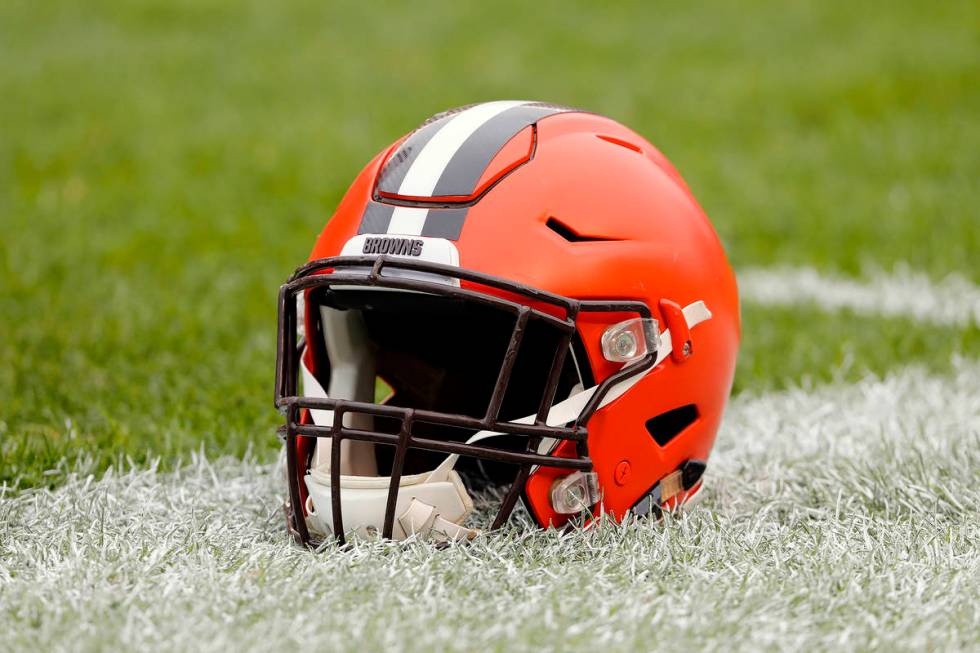 A Cleveland Browns helmet is seen before an NFL football game between the Pittsburgh Steelers a ...