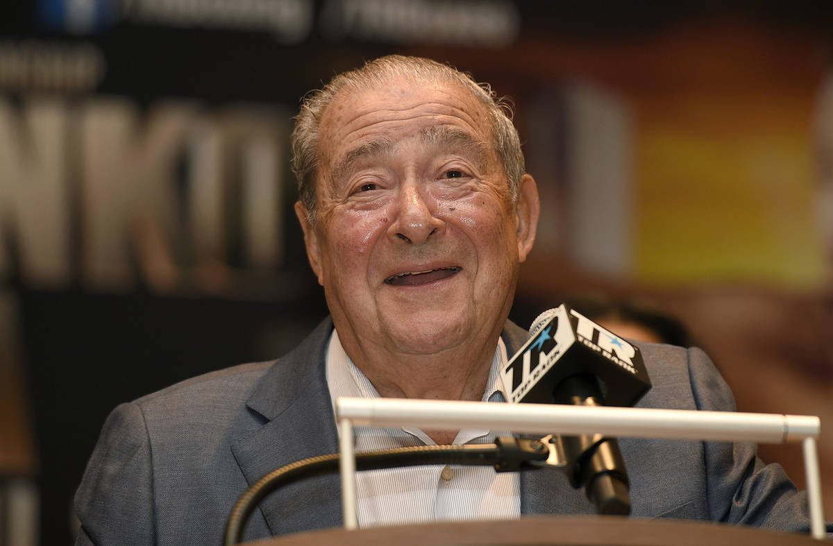 This is an April 6, 2017, file photo showing boxing promoter Bob Arum speaking at a boxing pres ...
