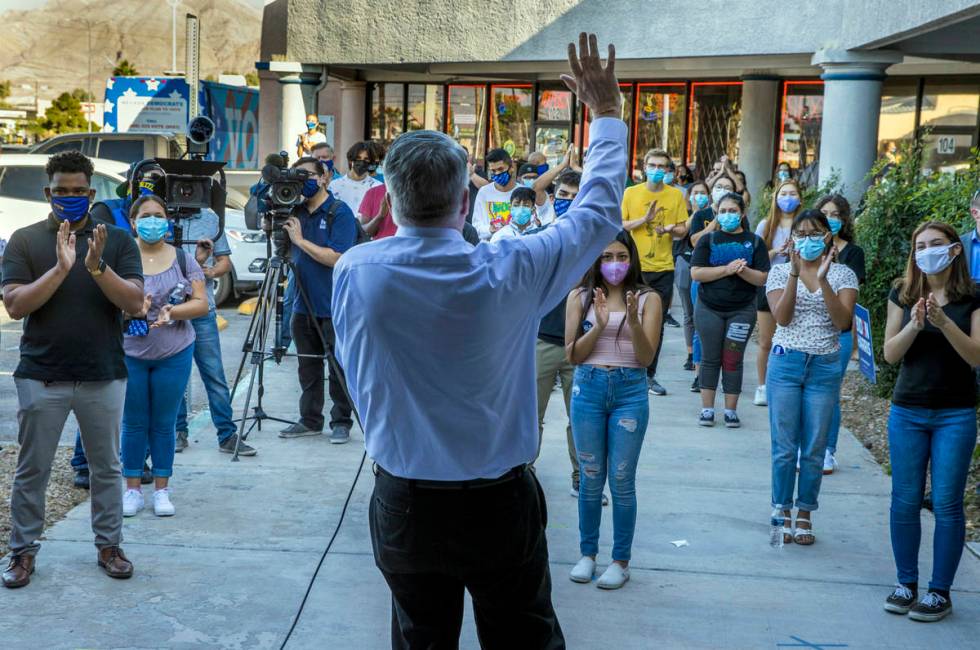 Gov. Steve Sisolak speaks to the crowd gathered during an event at the Biden Voter Activation C ...