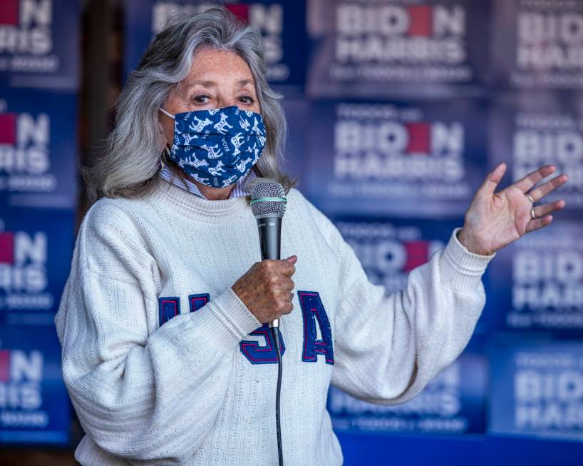 Rep. Dina Titus speaks to the crowd gathered during an event at the Biden Voter Activation Cent ...