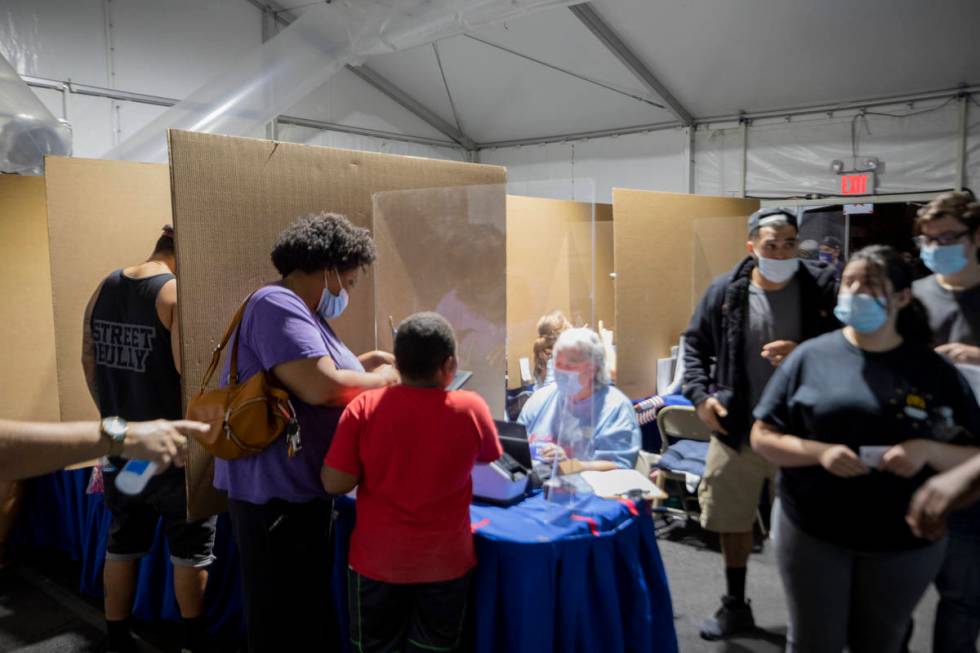 Voters check in to cast their ballots at the Boulevard Mall polling station within the last hou ...