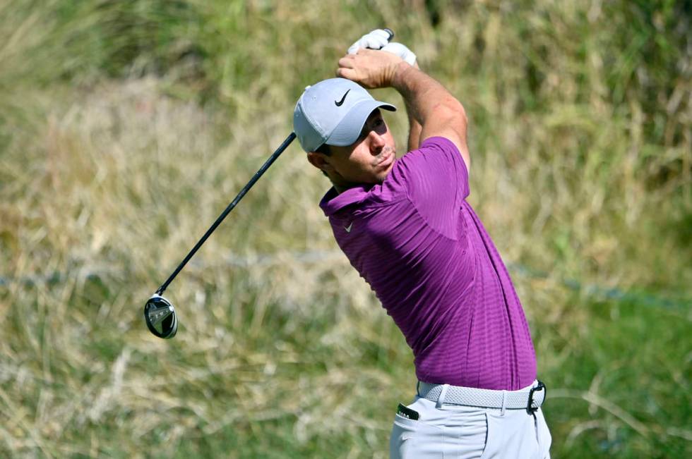 Rory McIlroy of Northern Ireland swings away during the final round of the CJ Cup golf tourname ...